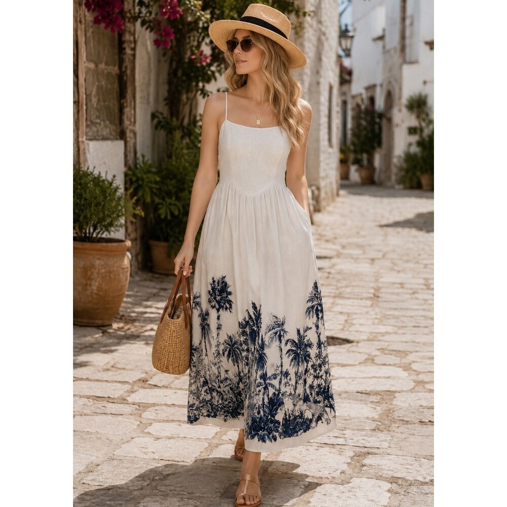 CALYPSO ST. BARTH Women's New LARGE Midi Dress Linen Blend Lace Up Corset Floral